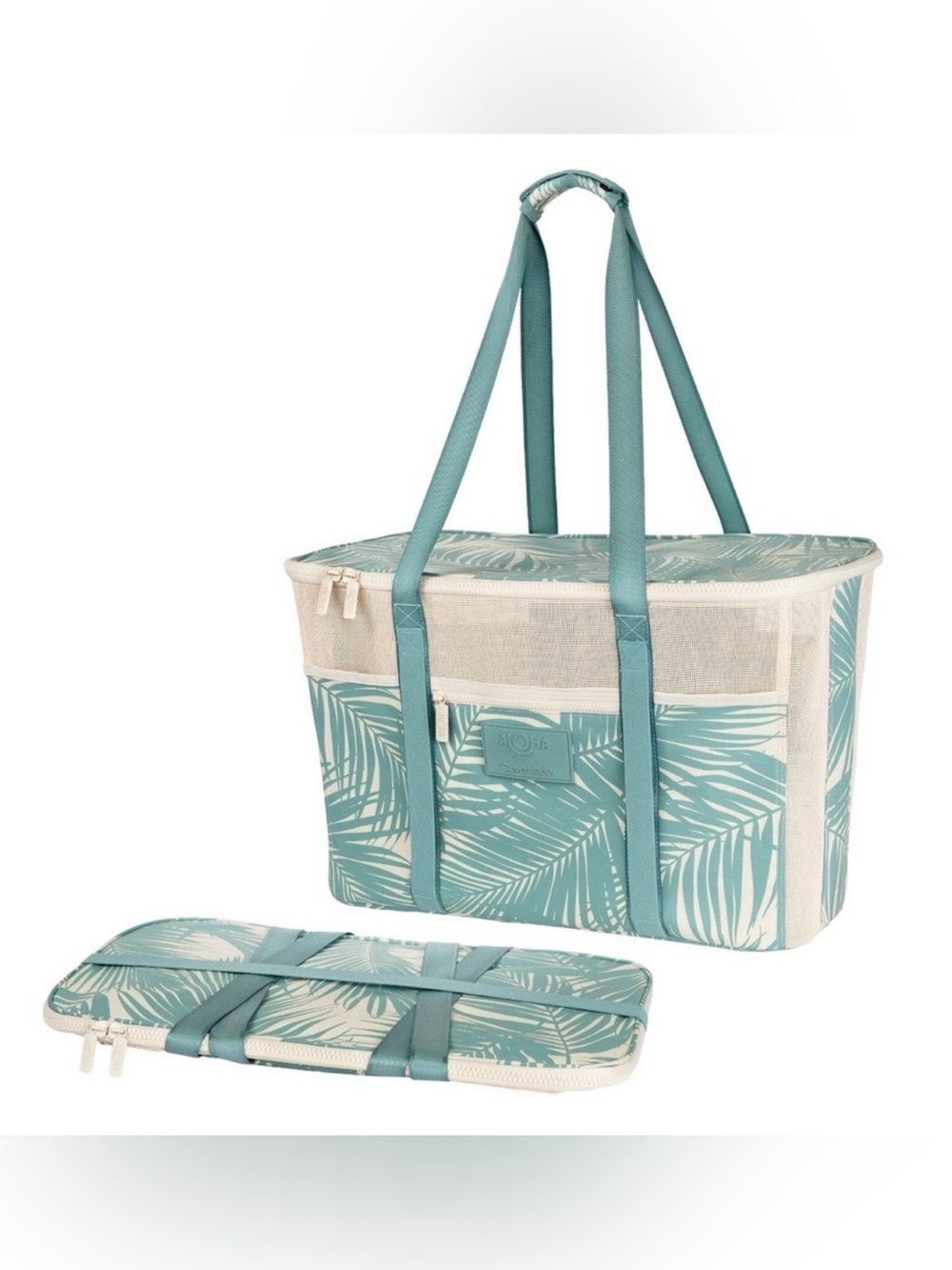 ALOHA Collection Collapsible Teal Palm-Print Tote with Cream Trim
